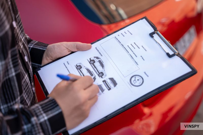 Inspector marking vehicle condition for how to check if a car has been in an accident.